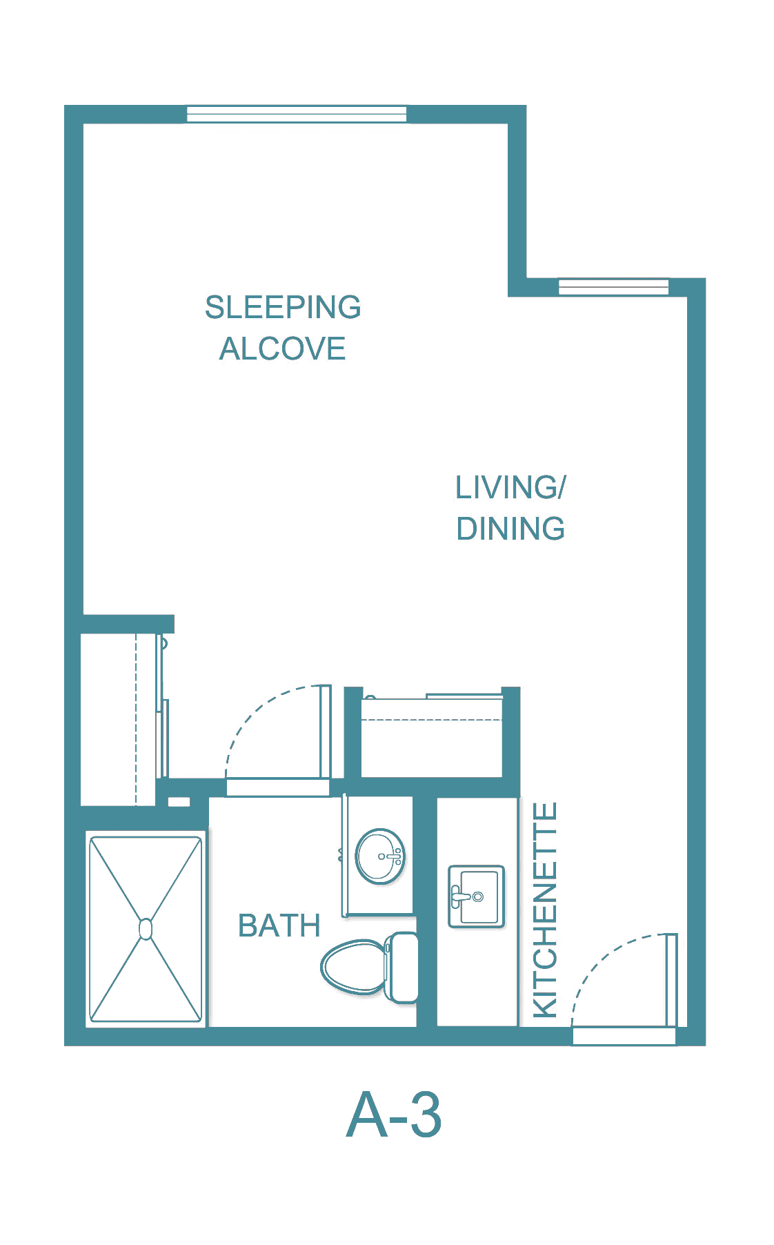 Studio apartment floor plan featuring a sleeping alcove, living/dining area, kitchenette, and bath.