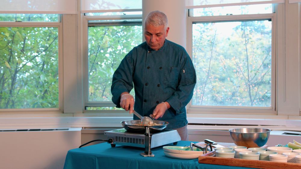 A chef preparing a dish on an indoor stove.