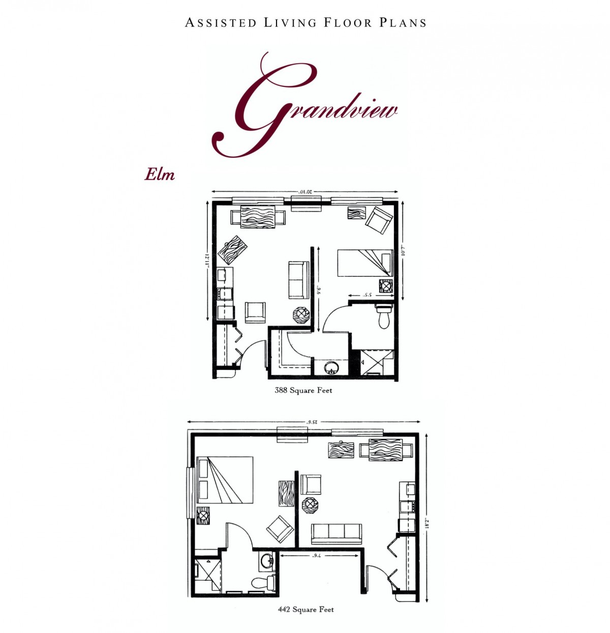 Blueprint of assisted living apartment with two floors labeled as 'Grandeur'.