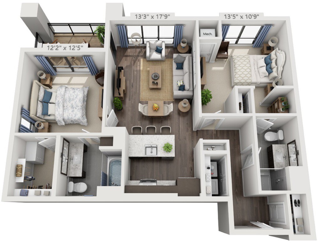 A detailed floor plan of an apartment showing the layout of rooms and furniture arrangement.