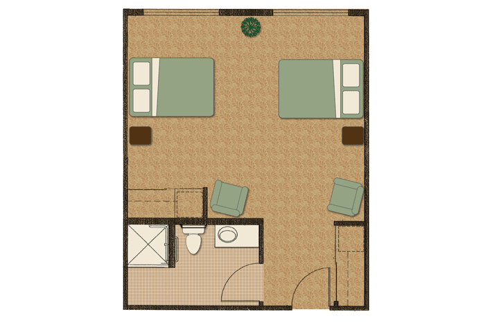 A floor plan depicting a bedroom with two beds, chairs, and a bathroom.