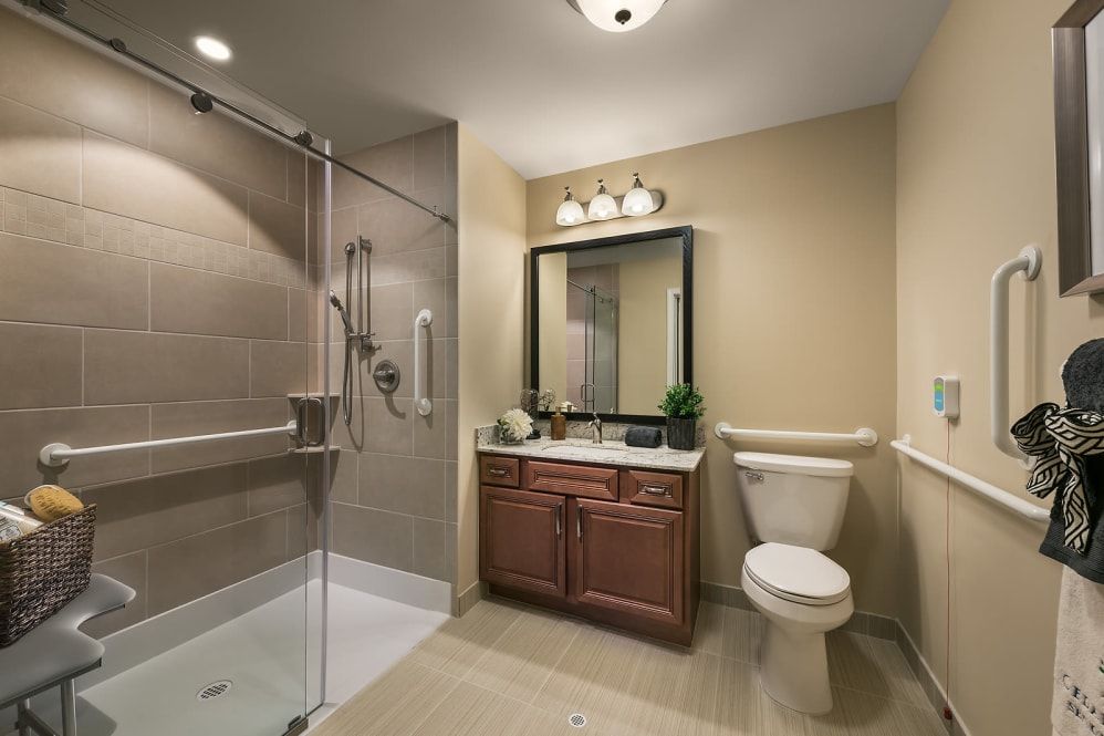 A modern bathroom with a shower, vanity mirror, and toilet.