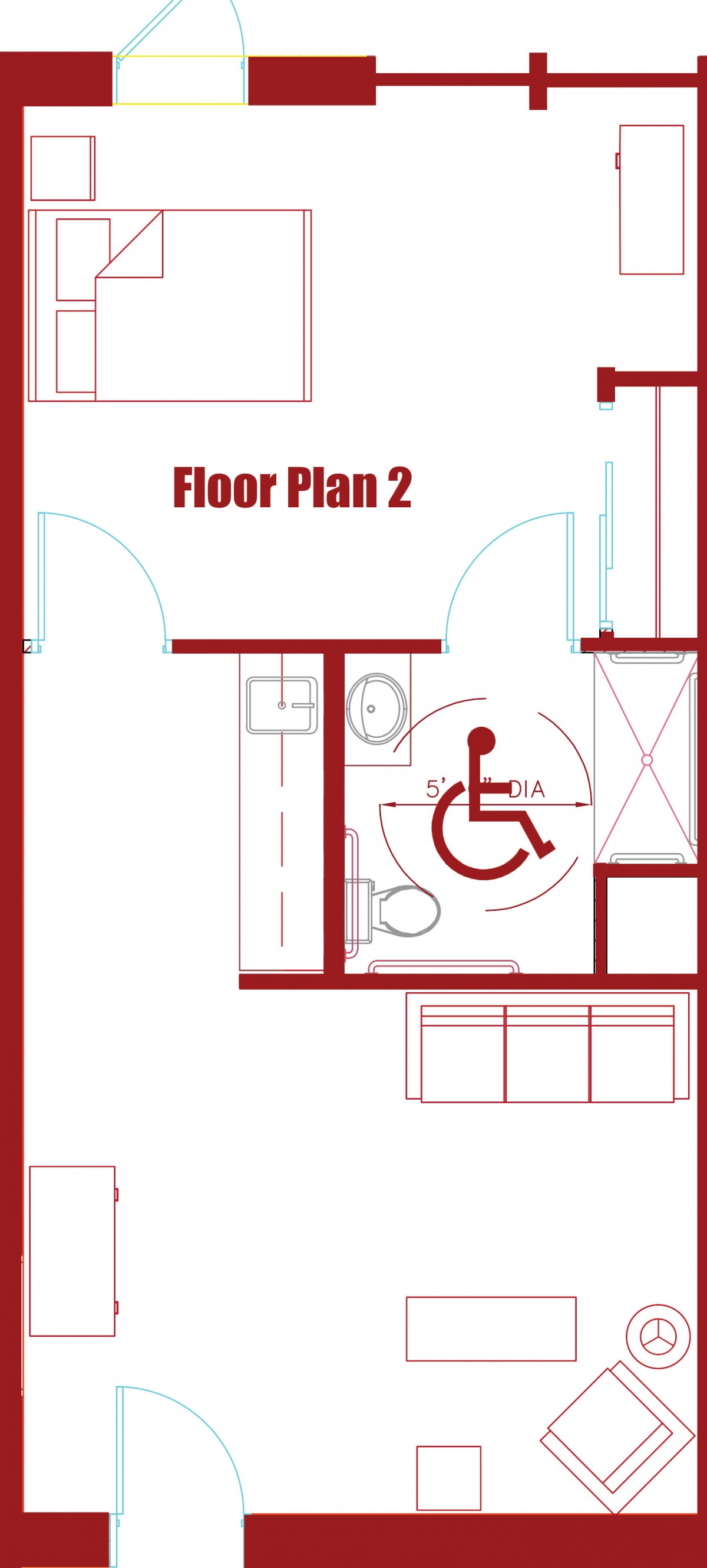 A floor plan illustrating an accessible bathroom with space for wheelchair maneuverability.
