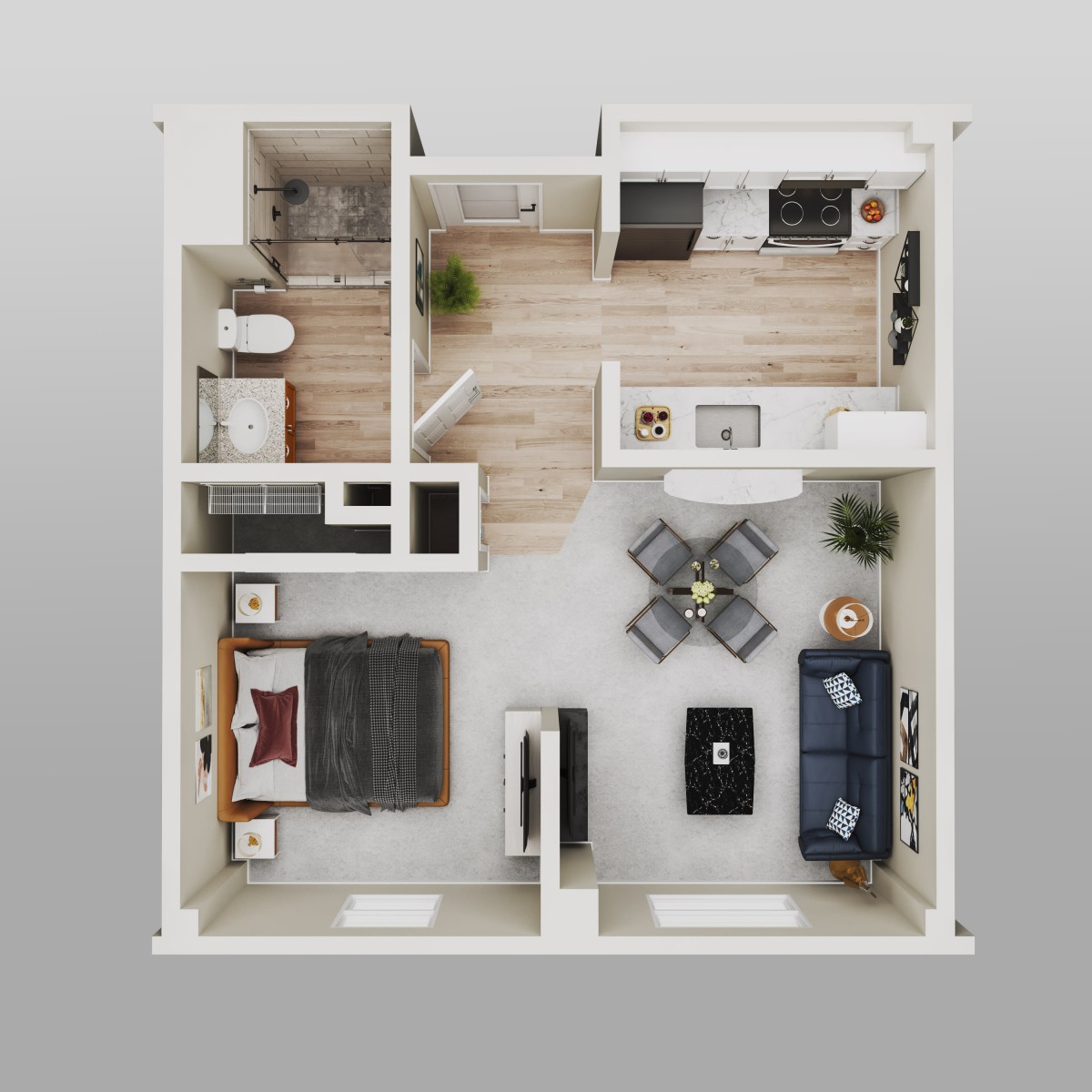A 3D rendered floor plan of a modern single-bedroom apartment.
