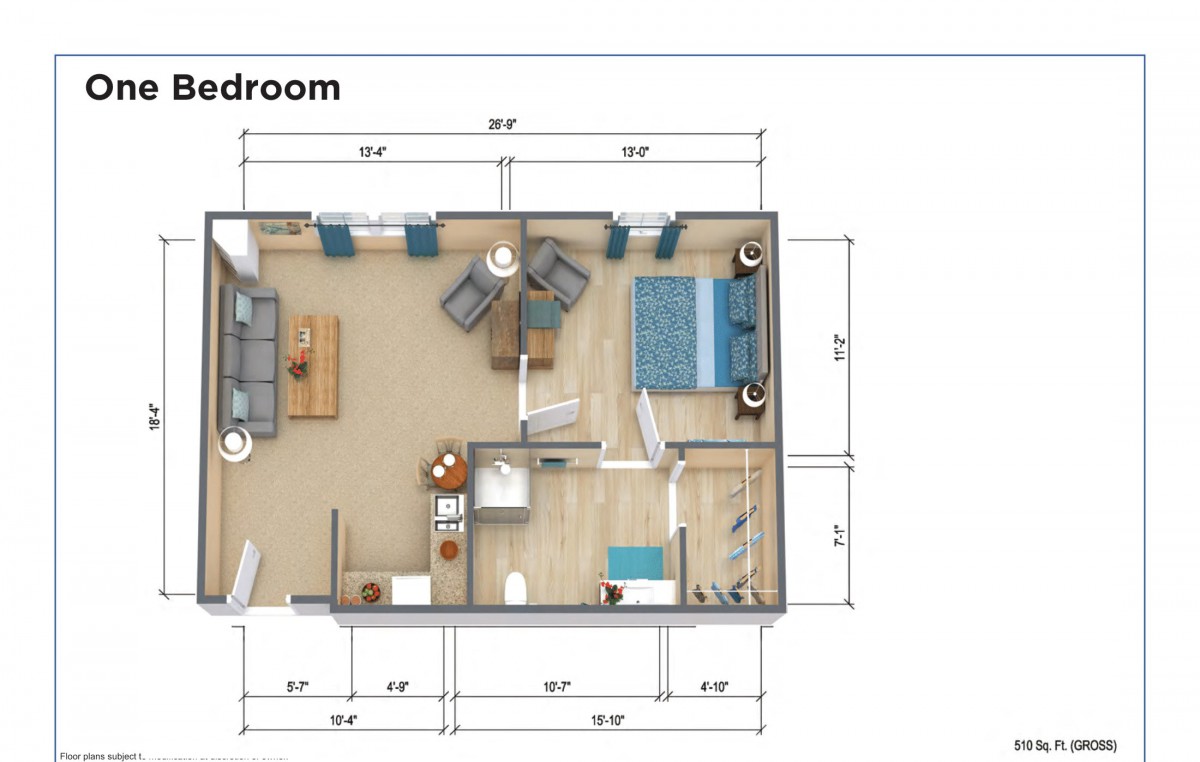 3D floor plan of a bedroom with furniture arrangement and dimensions.