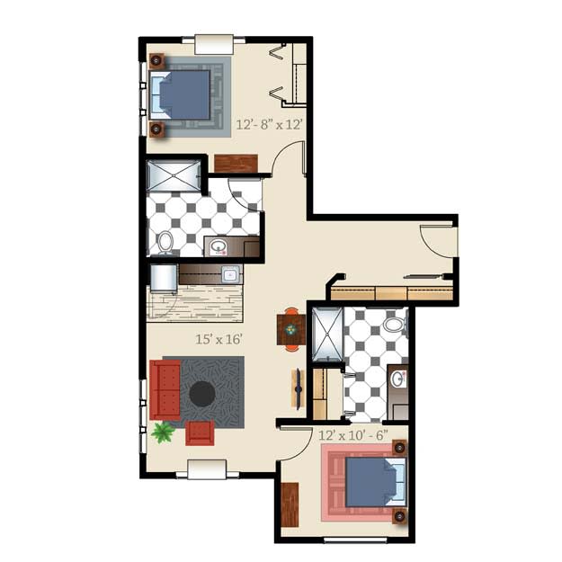 A two-bedroom apartment floor plan illustrating the layout and design of the living space.