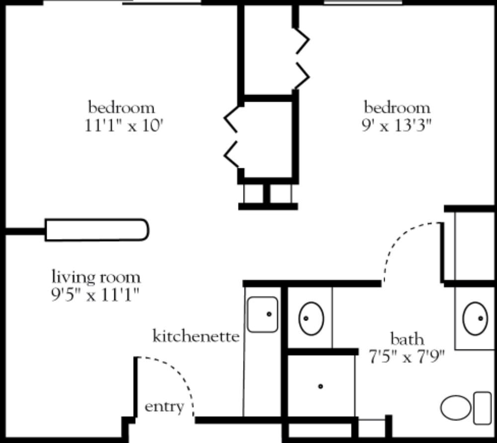 A floor plan of a two-bedroom apartment with specified room dimensions.
