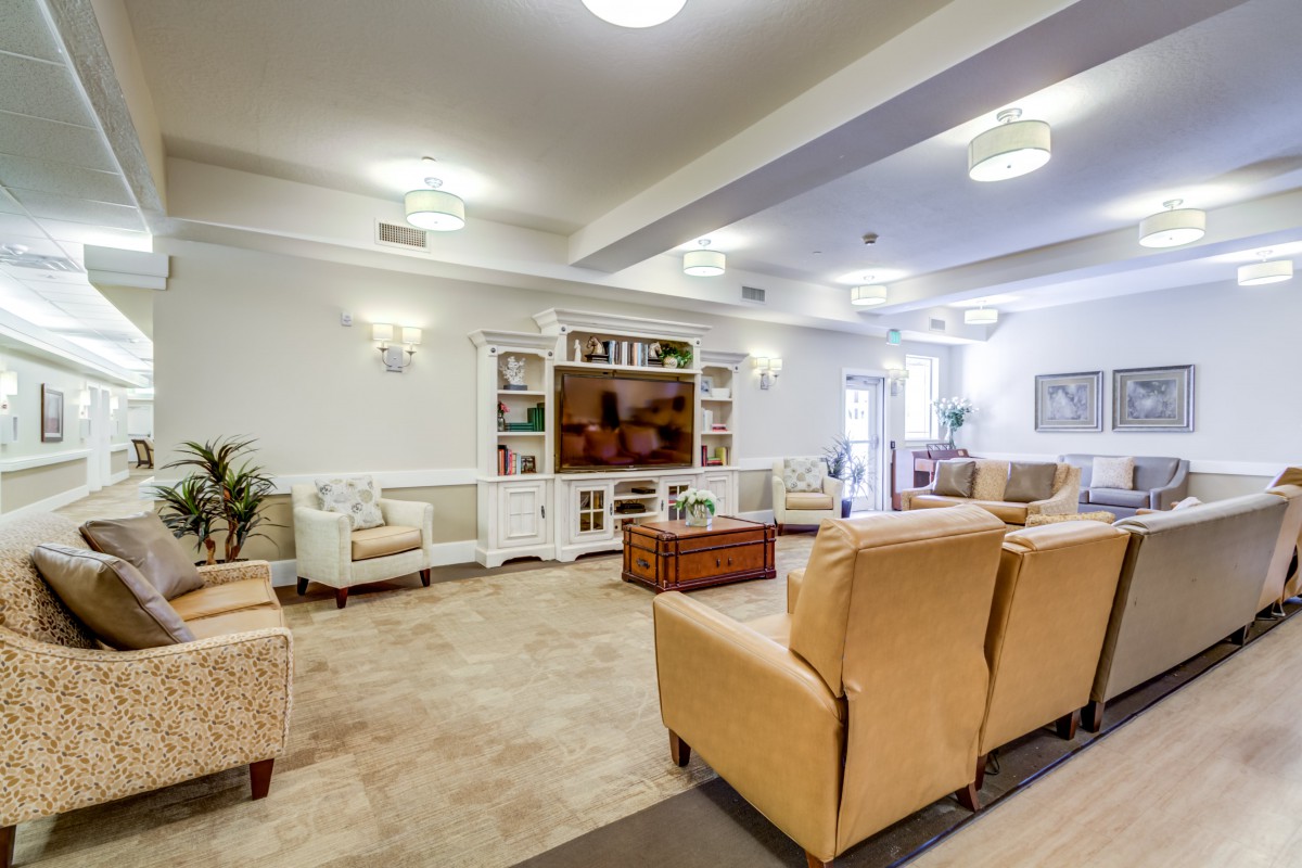 A cozy living room featuring comfortable sofas, a television, and well-organized bookshelves.