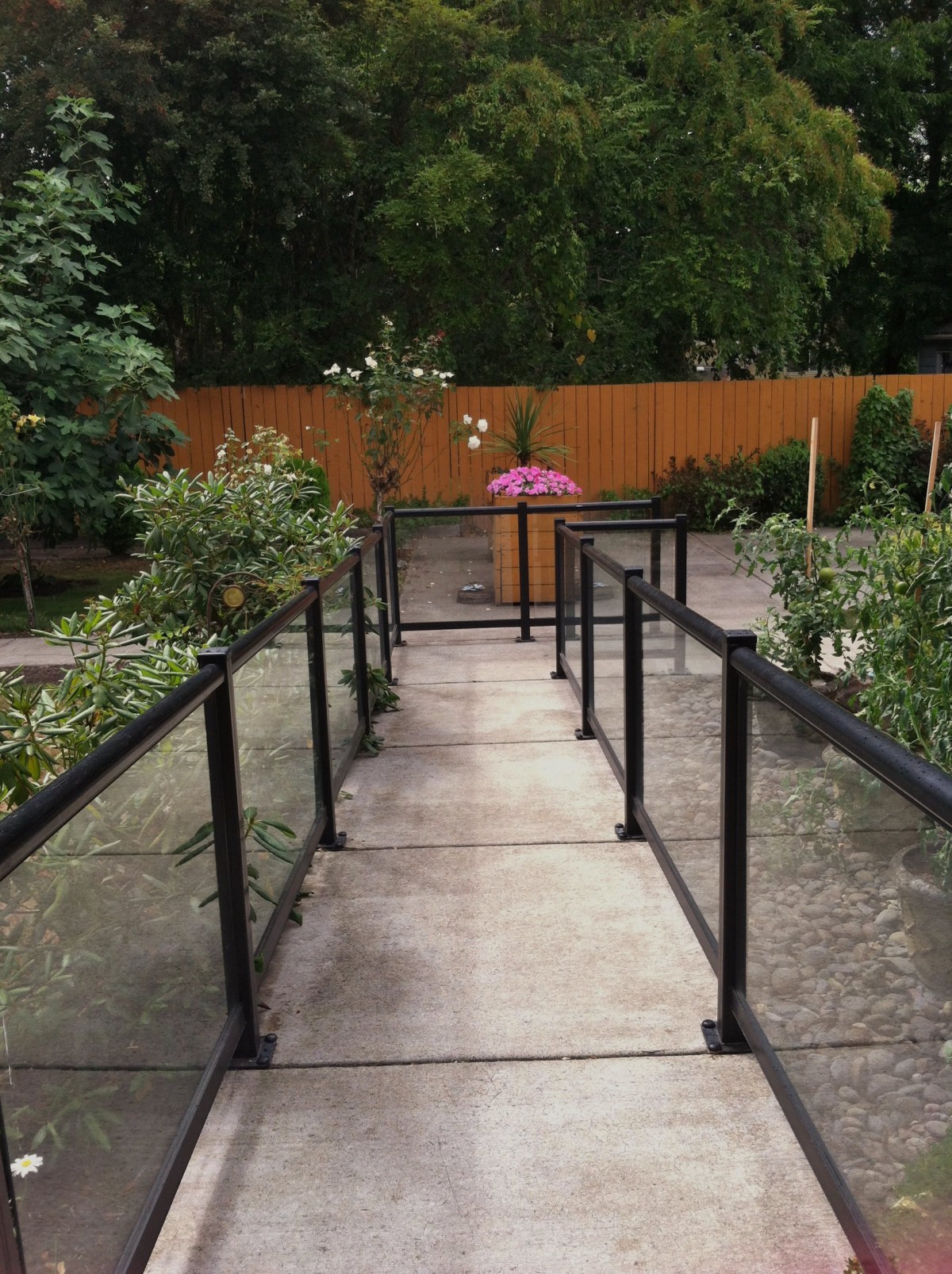 A serene garden walkway lined with plants and bordered by a wooden fence.