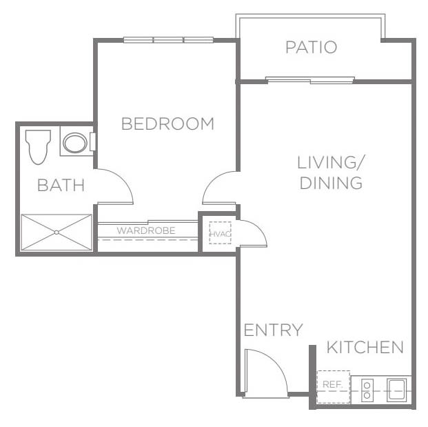 A simple floor plan of a one-bedroom apartment featuring a living/dining area, kitchen, bathroom, and patio.