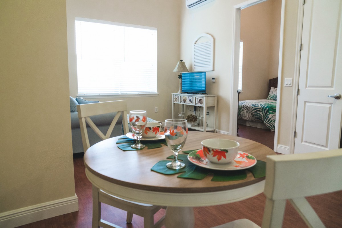 A cozy open-plan dining and living area with a set dining table, featuring floral crockery and glassware.