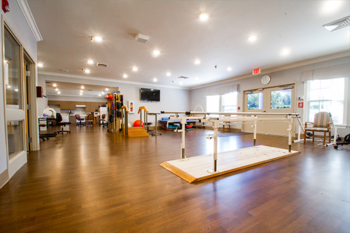 A well-lit rehabilitation therapy room equipped for physical therapy exercises.