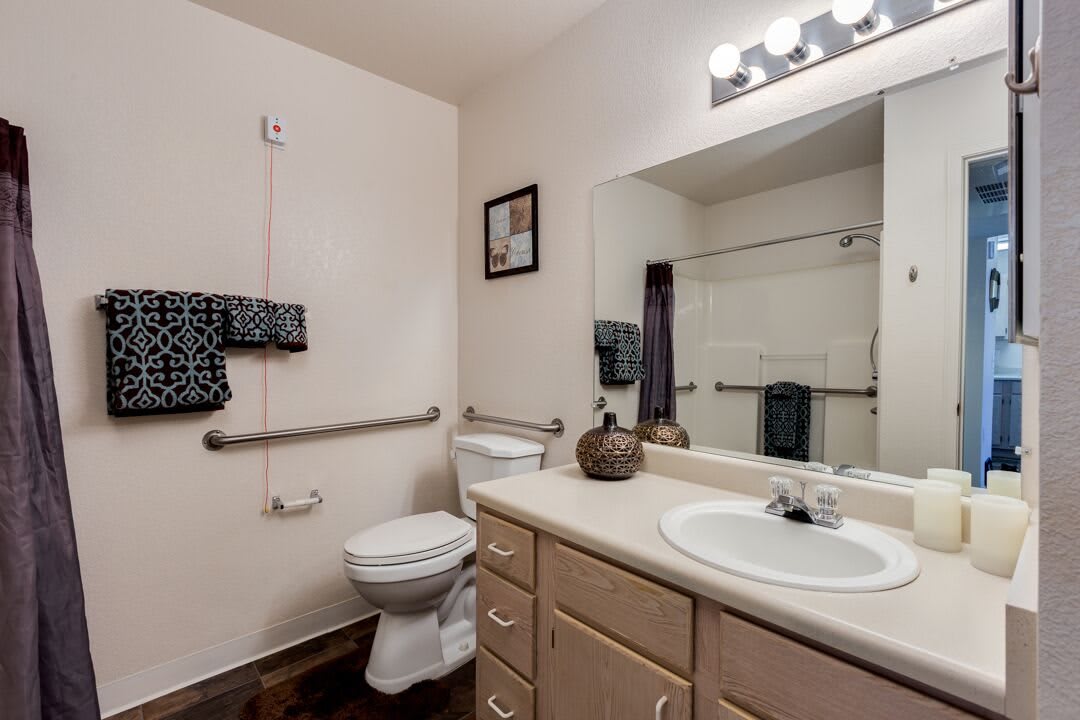A bathroom with accessibility features including grab bars, a shower with a curtain, and a sink with a mirror above.