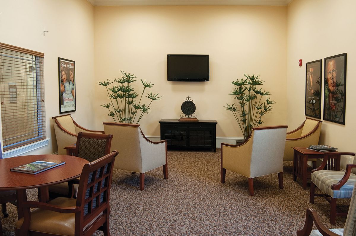A cozy waiting room with chairs, a television, and decorative plants.