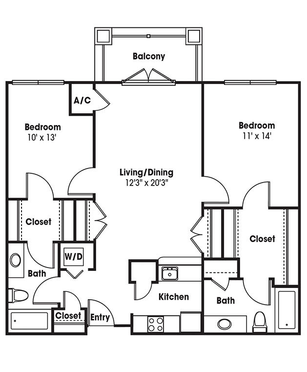 A floor plan of a two-bedroom apartment with a balcony, showing the layout of rooms and amenities.