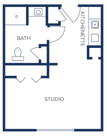 A floor plan of a studio apartment featuring a kitchenette and a bathroom.