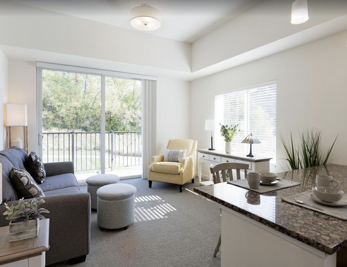 A modern living room with abundant natural light, featuring a comfortable sofa, armchair, and decorative plants.