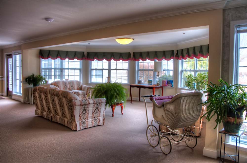 A vintage-style living room with floral patterned furniture, large windows providing natural light, and decorative plants.