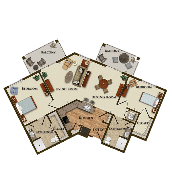 A detailed floor plan showcasing the layout of a three-bedroom apartment with distinct living and dining areas.