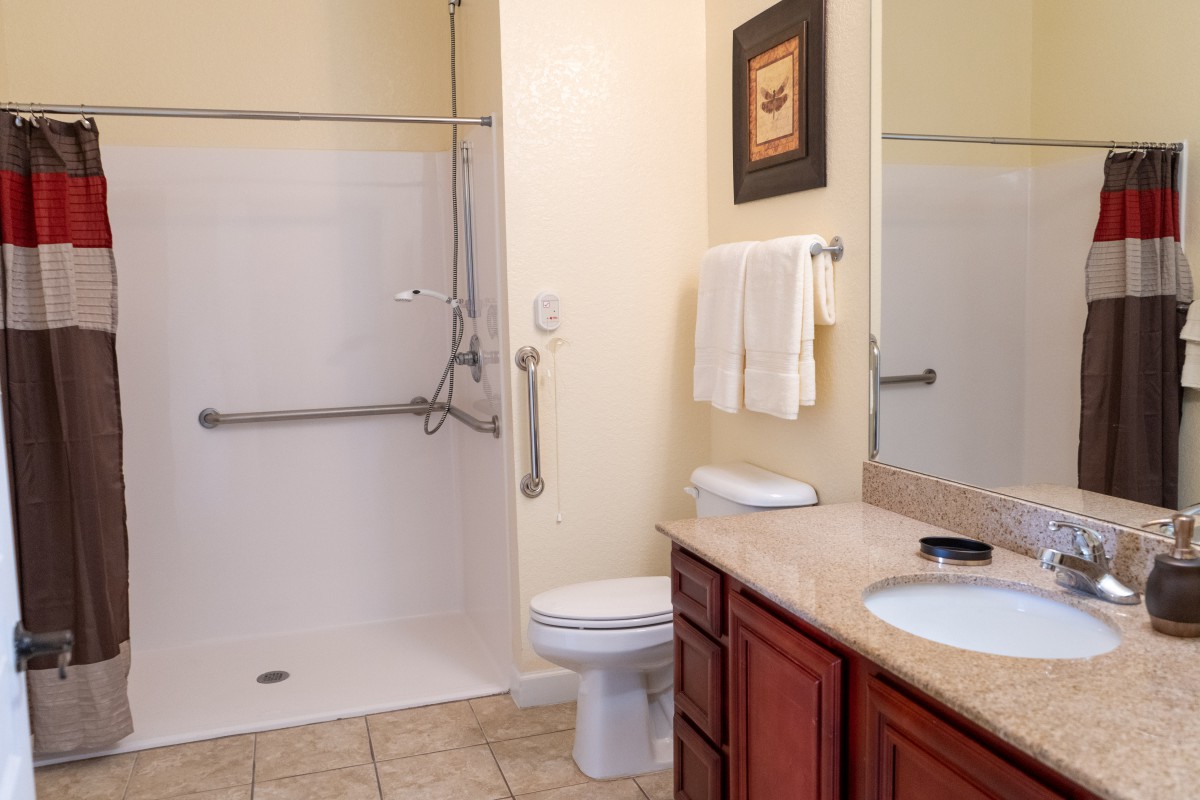 A modern bathroom with a walk-in shower, toilet, and vanity area equipped with a sink and mirror.