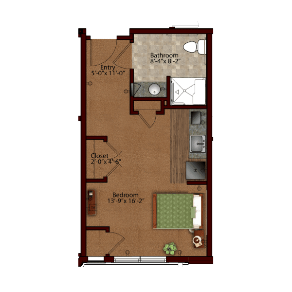 A floor plan of a compact one-bedroom apartment with labeled areas for living, cooking, and bathing.