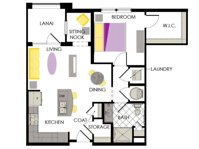 A floor plan of a 1-bedroom apartment featuring a living room, kitchen, dining area, bathroom, laundry room, and lanai.