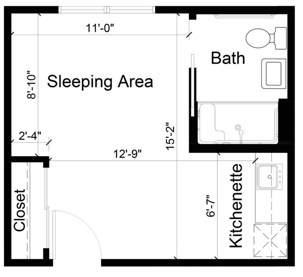 A floor plan of a studio apartment with a sleeping area, kitchenette, bath, and closet.
