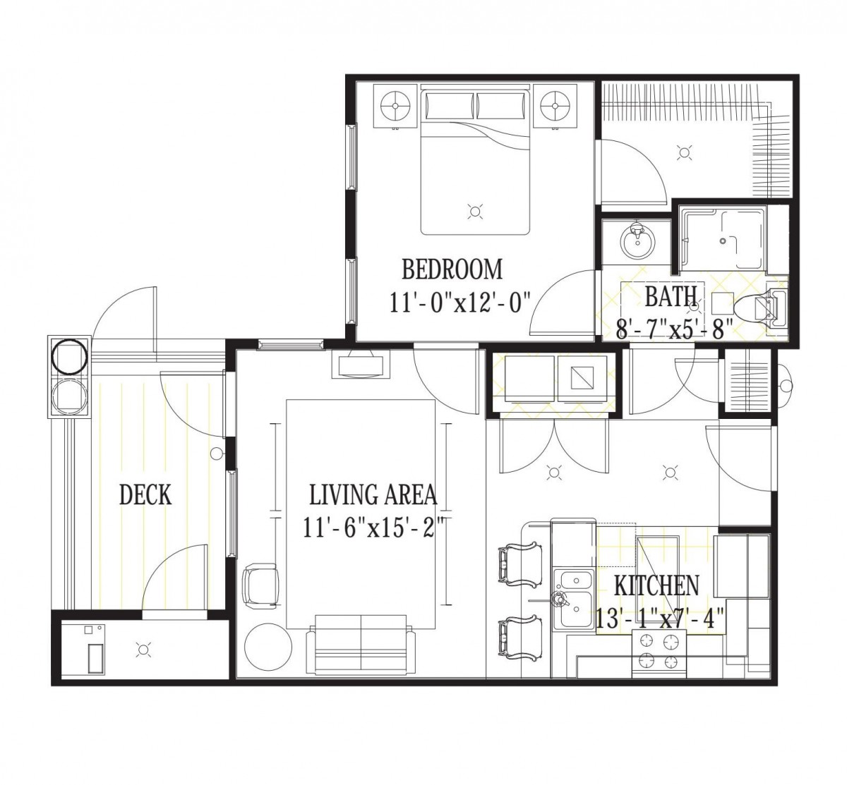 Layout of a one-bedroom apartment with living area, kitchen, bathroom, and deck.