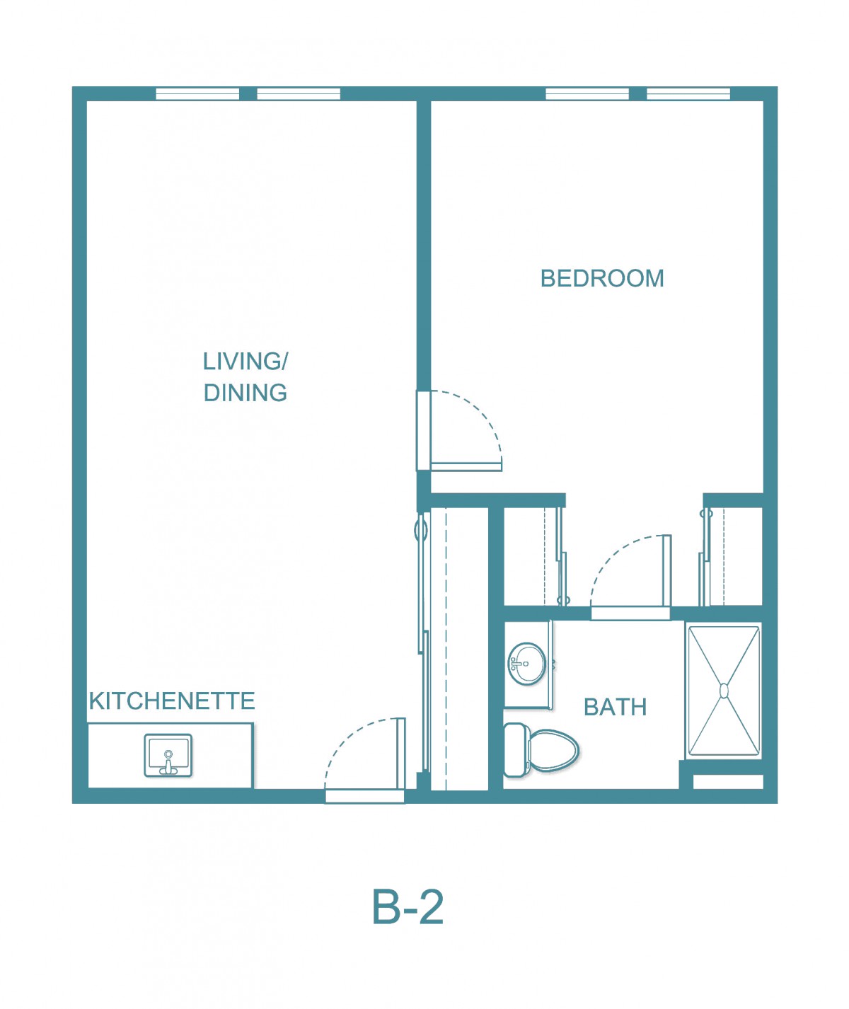 B-2 floor plan layout featuring a living/dining area, bedroom, kitchenettes, and bath.