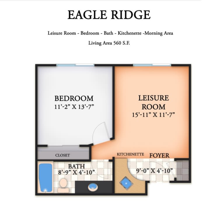 Floor plan of a one-bedroom apartment at Eagle Ridge, featuring a leisure room, kitchenette, and bath.