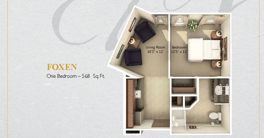 A one-bedroom apartment floor plan with a total area of 568 square feet.