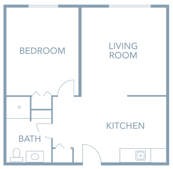 A simple one-bedroom apartment floor plan showing a living room, kitchen, and bathroom.