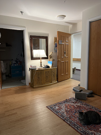 A cozy interior view featuring a wooden console table with a lamp, a mirror, and doors leading to other rooms.