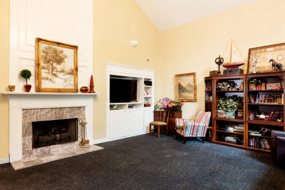 A cozy living room featuring a fireplace, an armchair, and a bookshelf.