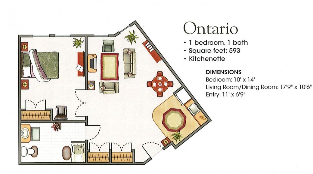 Floor plan of a one-bedroom apartment with a kitchenette and living area.