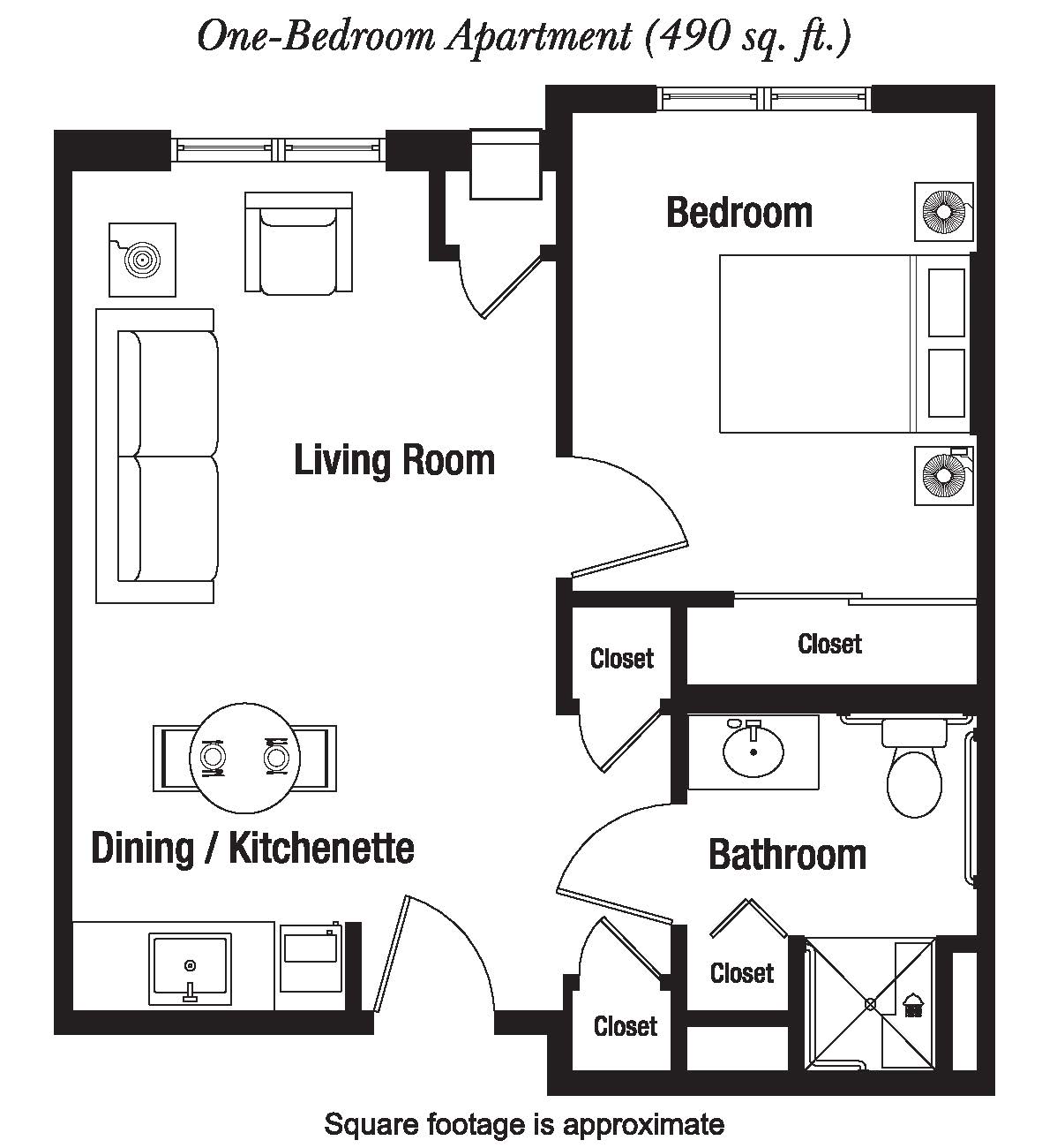 A floor plan of a one-bedroom apartment featuring a living room, kitchenette, bathroom, and multiple closets.