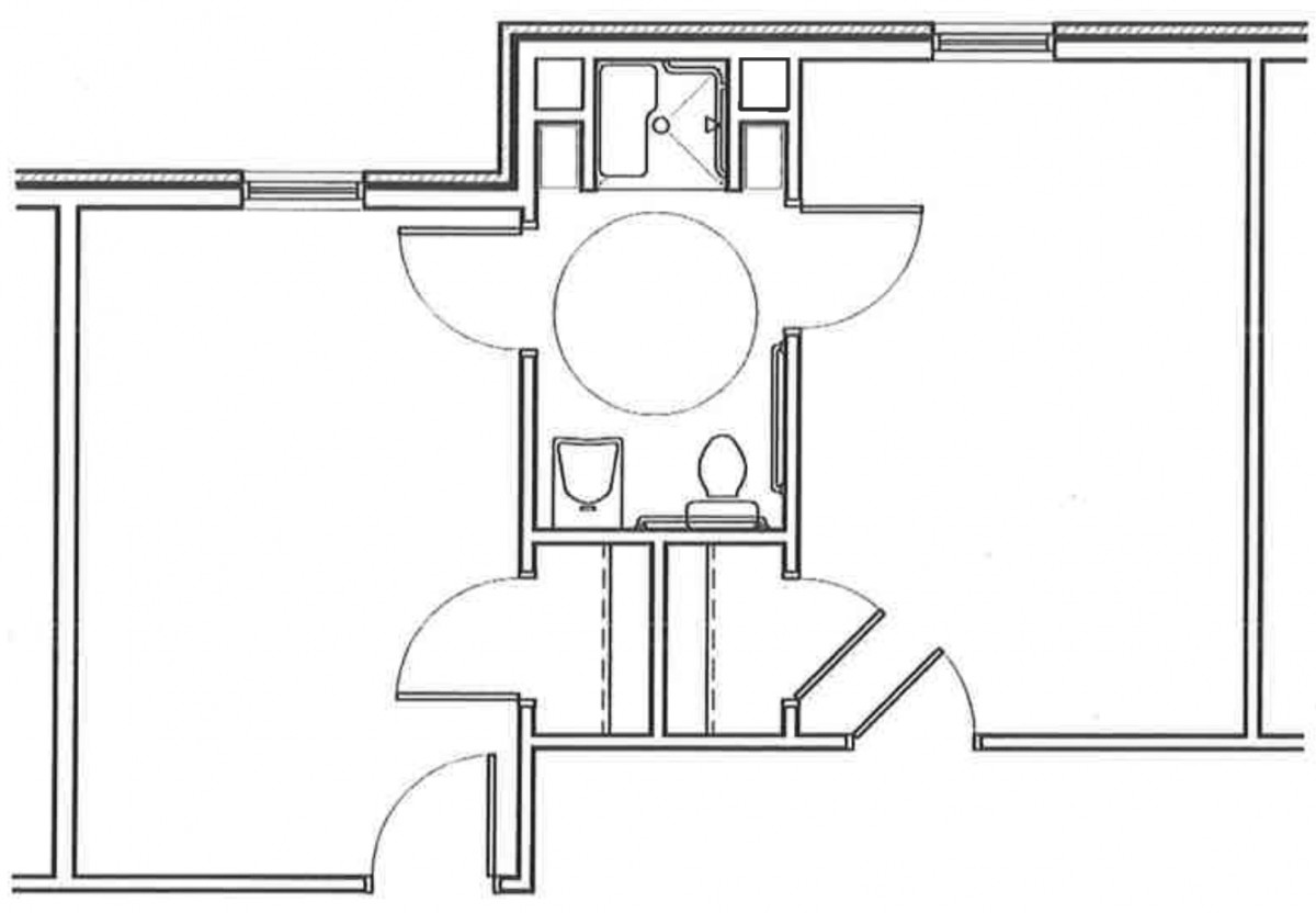 A floor plan illustrating a bathroom layout with fixtures and doors.