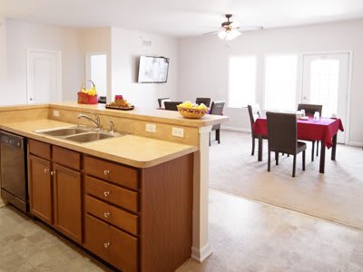 An open-concept kitchen with a dining area featuring a countertop, sink, and dining table with chairs.