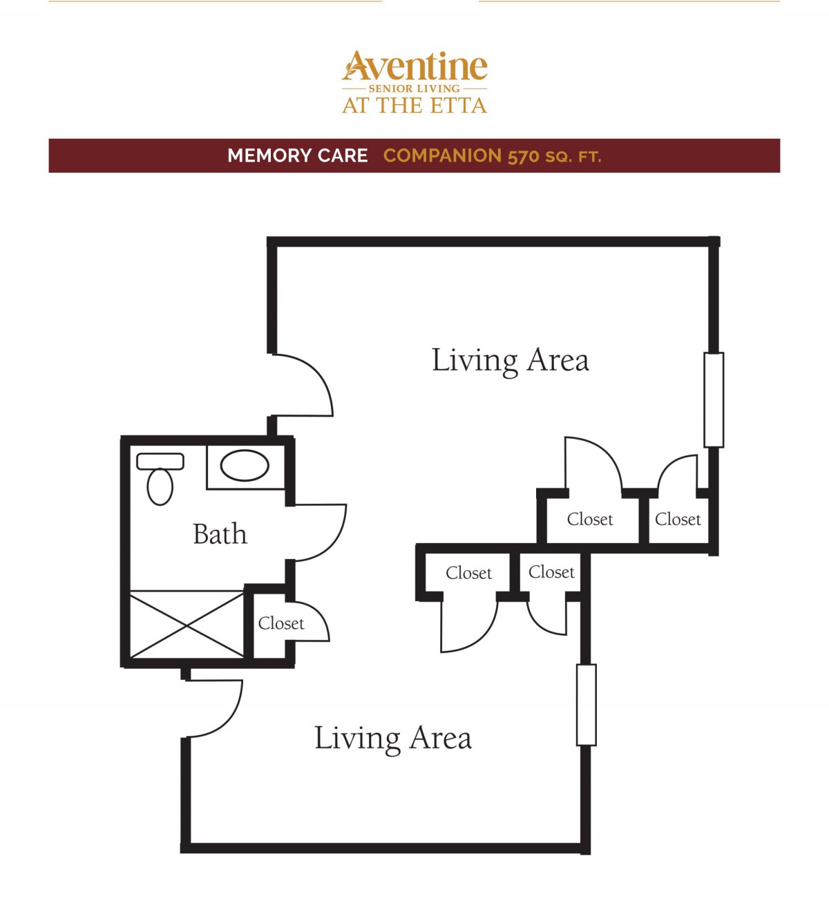 A floor plan showing the layout of an apartment with living areas, a bathroom, and closets.