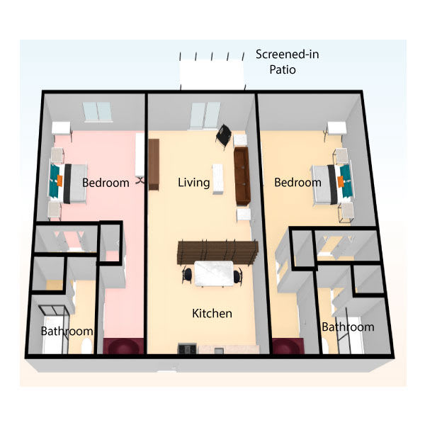 A floor plan of a two-bedroom apartment with a living room, kitchen, bathroom, and closets.