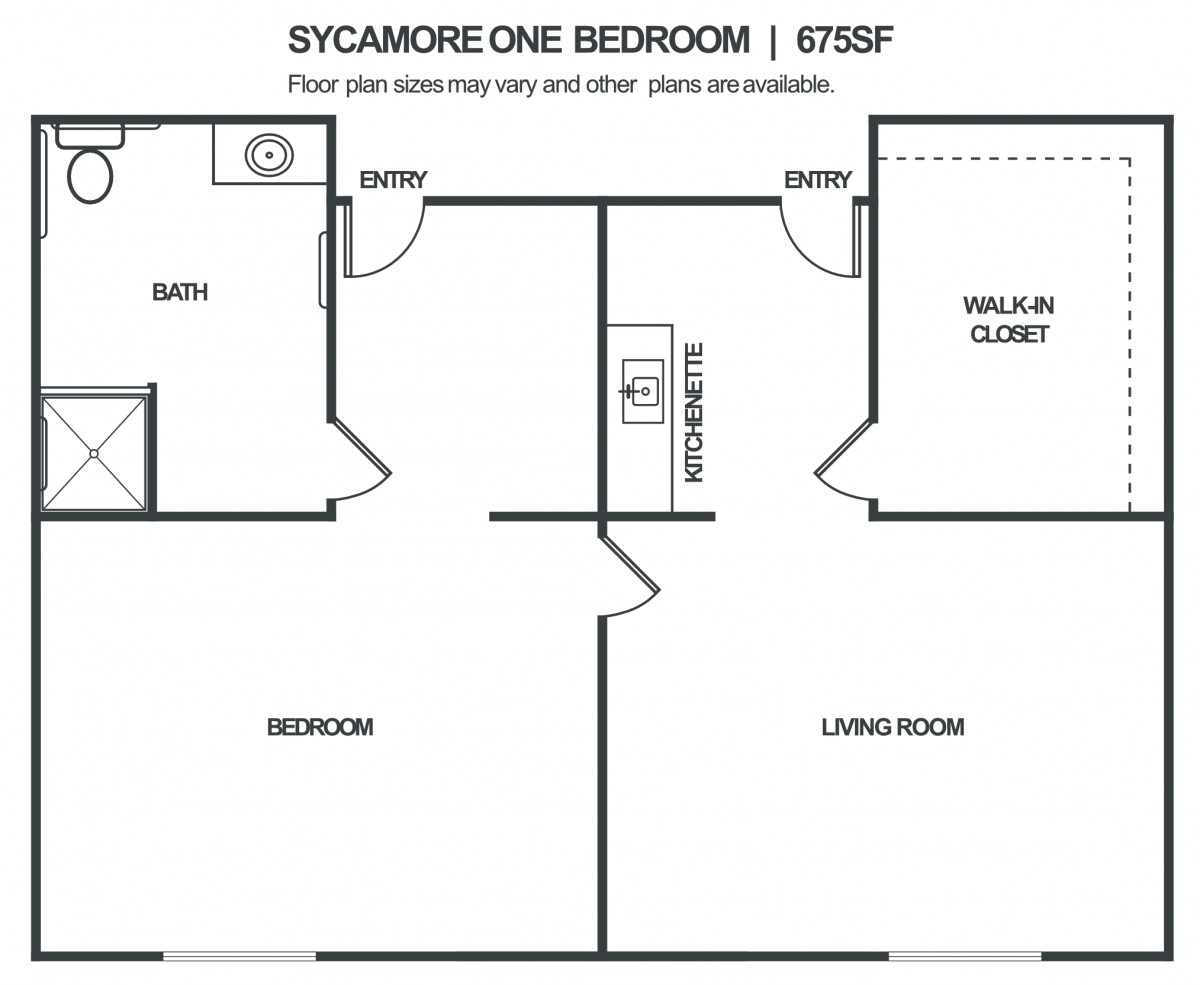 Sycamore one-bedroom apartment floor plan with labeled rooms.