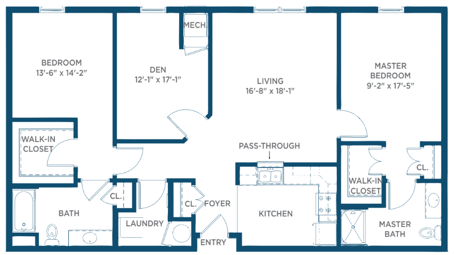 A detailed floor plan showing a den, living room, kitchen, laundry room, and entryway.