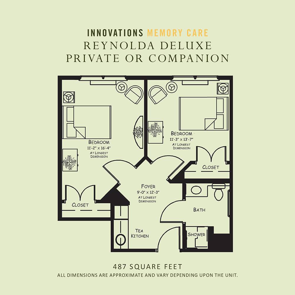 Floor plan of the Reynolda Deluxe, offering options for private or companion living arrangements.