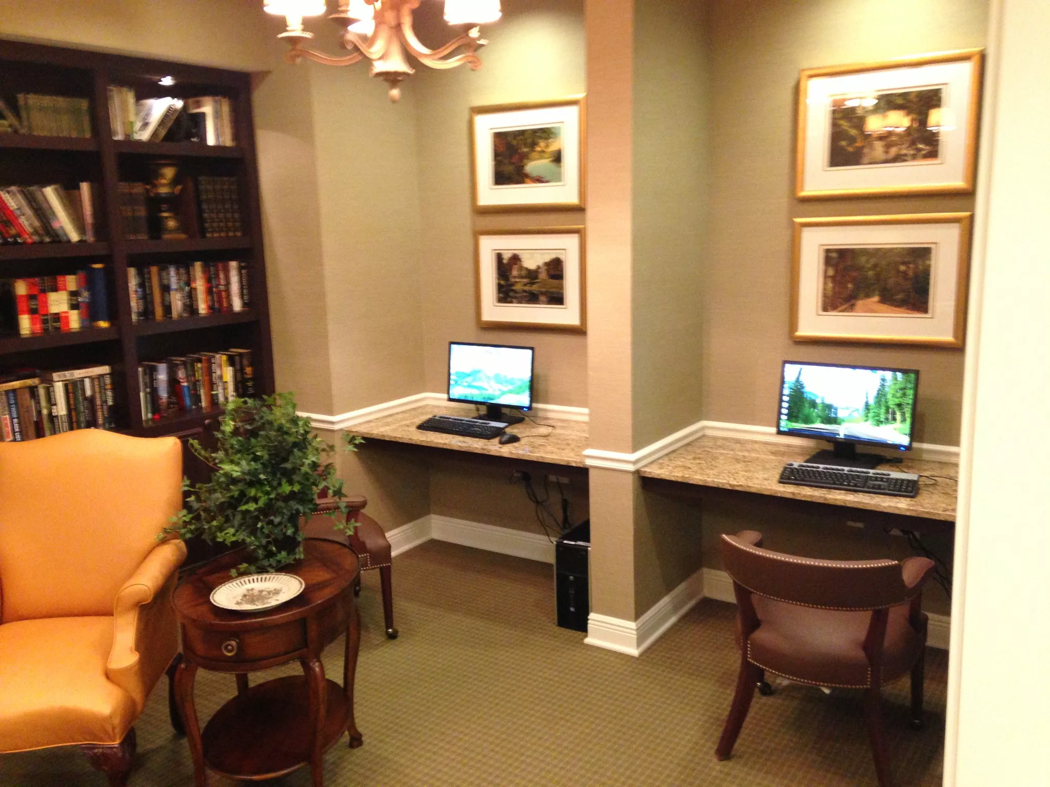 A cozy office space with two computer desks, a bookshelf, and decorative elements.