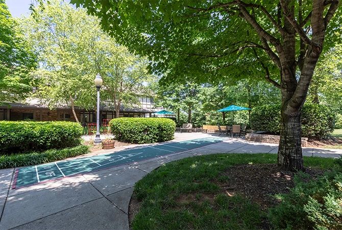 A peaceful garden area with a winding pathway, surrounded by lush greenery and shaded benches.