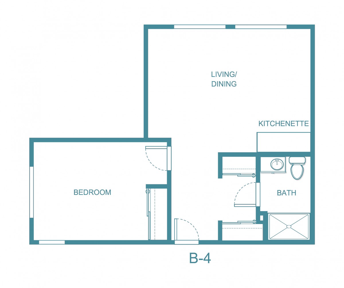 Simple floor plan layout of a one-bedroom apartment with a living area, kitchenette, and bathroom.