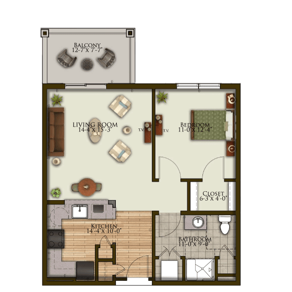 A floor plan of a one-bedroom apartment featuring a living room, kitchen, bathroom, and balcony.