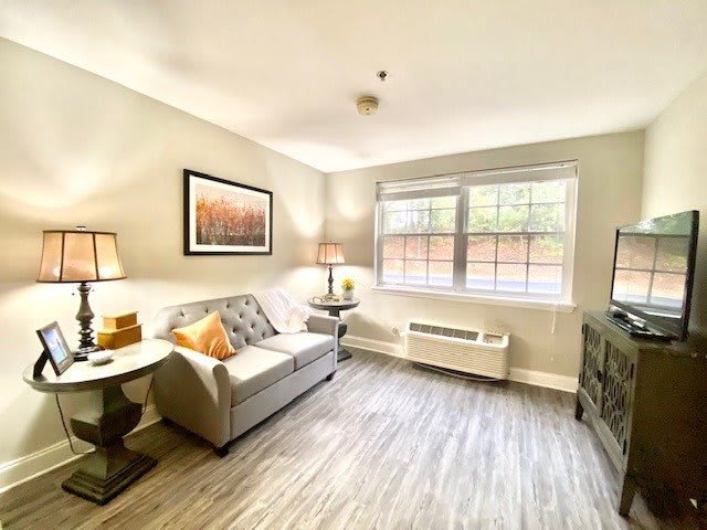A cozy living room with a sofa, lamps, and a large window providing natural light.