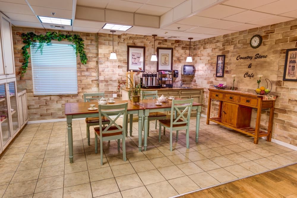 A cozy dining area with rustic decor and wooden furnishings.