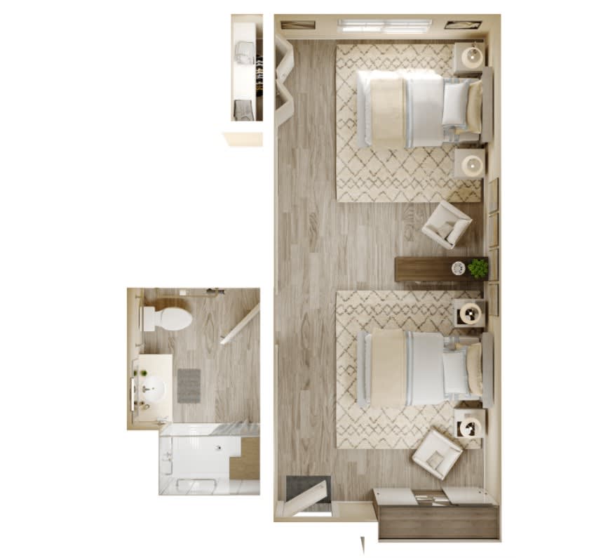 A detailed floor plan of a two-bedroom apartment with an adjoining bathroom and kitchen area.